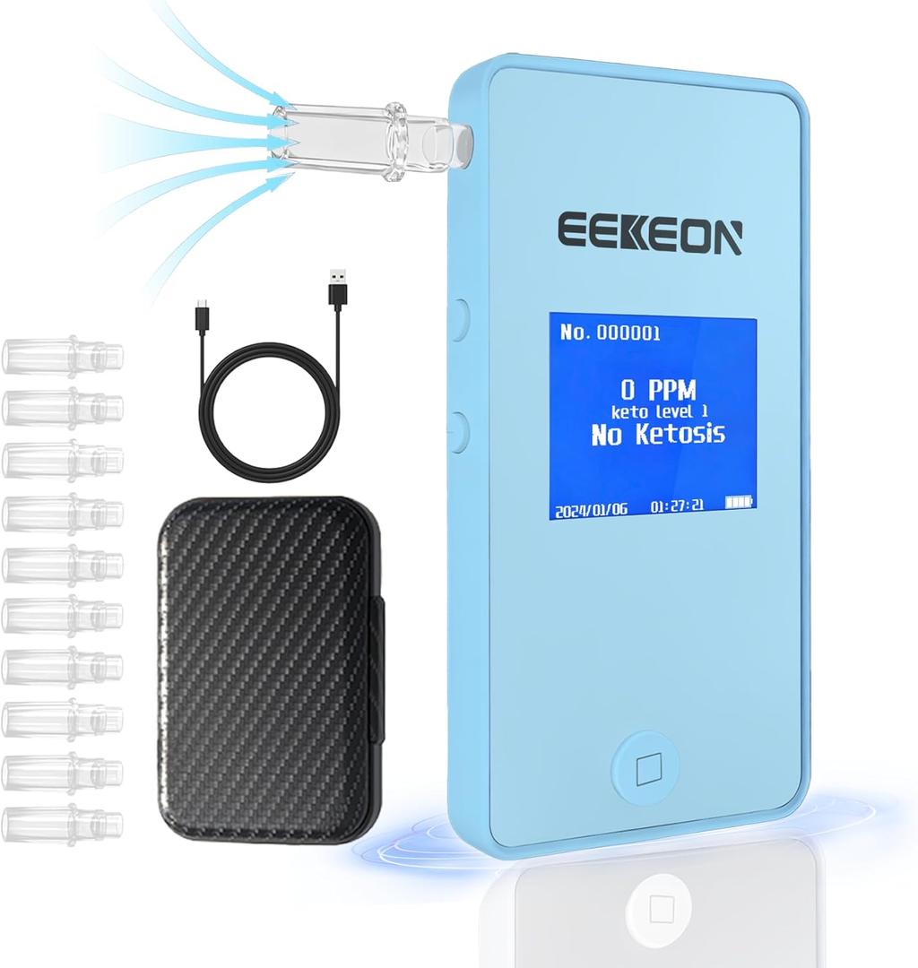 KetoTracker Ketone Breath Meter, Ketone Meter for Ketosis Monitoring, Breath Ketone Tester, No Strips Needed, 1-Button Management with 10pc Mouthpieces(Blue)