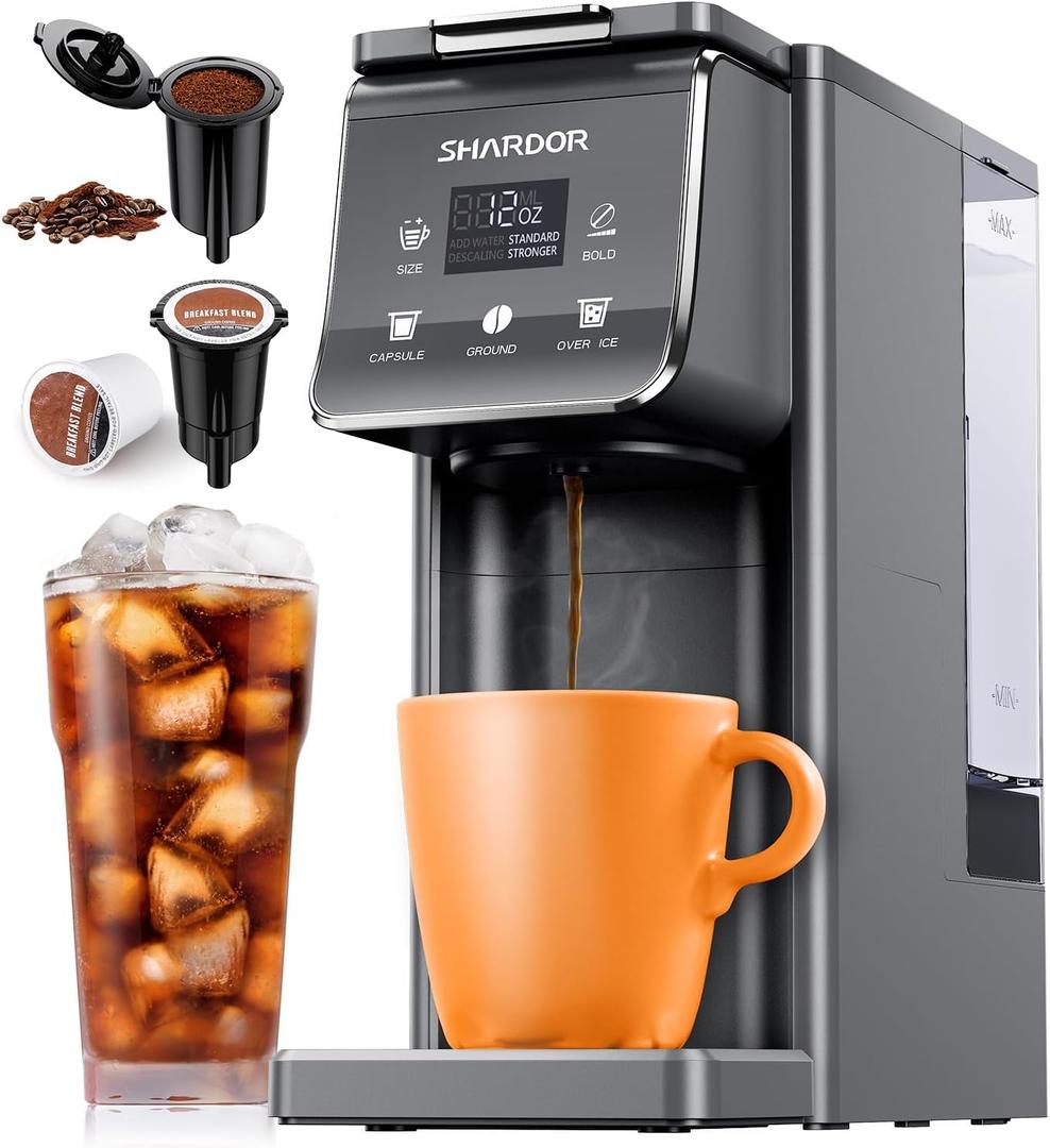 SHARDOR K Cup Coffee Maker With Bold Setting, Single Serve Hot & Iced Coffee Maker for K-Cup and Grounds, 52oz Removable Water Tank, 6 to14oz Brew Sizes, Pod Coffee Machine With Reusable Filter, Grey