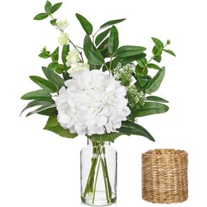 17" White Hydrangea Artificial Flowers in Vase With Faux Water, UV Protected Fake Hydrangeas Flowers Arrangement with Eucalyptus, Silk Hydrangea for Living Room, Dining Room, Wedding Table Centerpiece