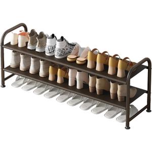 INGIORDAR Shoe Rack 2 Tier Long Storage Organizer Wide Metal Shoe Shelf for Closet Entryway Brown
