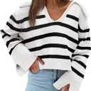 Saodimallsu Womens Striped Sweater V Neck Collared Fall Trendy Knitted Long Sleeve Loose Pullover Sweaters (Medium, White)