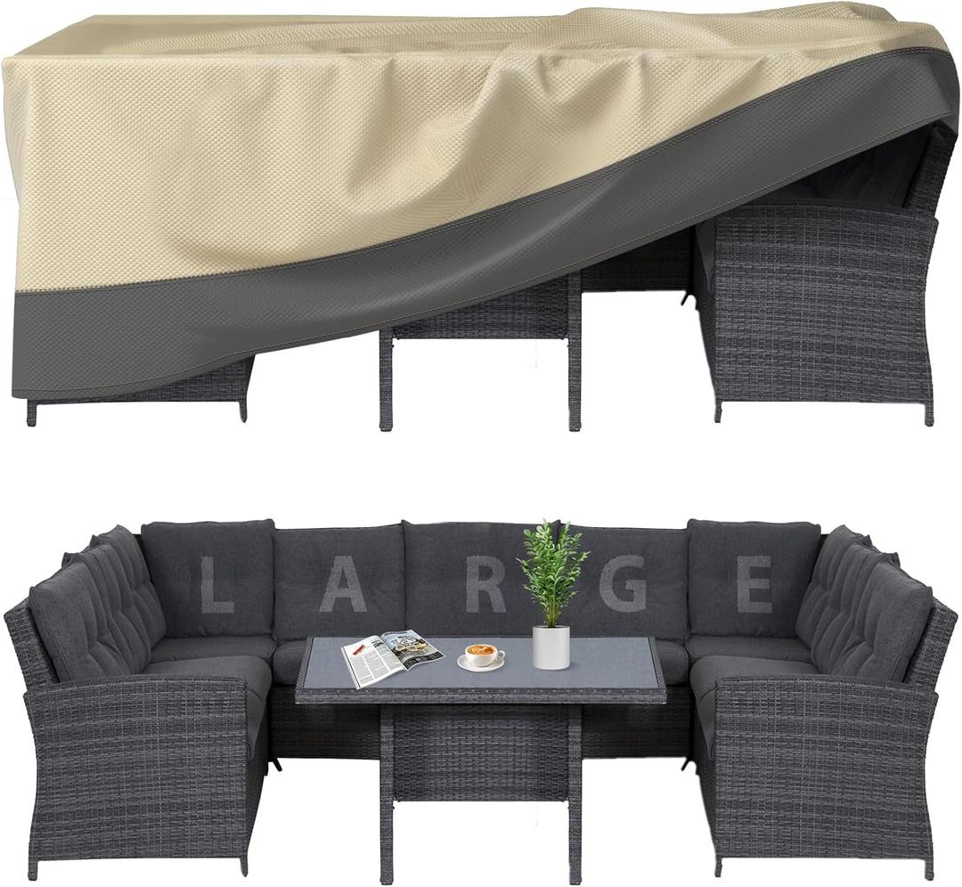 Patio Furniture Covers Waterproof Heavy Duty, 90"x64"x28" Large Outdoor Dining Table and Chair Covers/ Waterproof UV Snow Resistant/ General Purpose Outside Sectional Sofa Set Covers (Beige with Grey)
