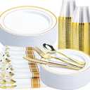 175 PCS White and Gold Plastic Dinnerware Set for 25 Guests | Disposable Party Plate, White Plastic Plates, Include 50 Plastic Plates, 25 Pre Rolled Napkins with Gold Silverware, 25 Cups