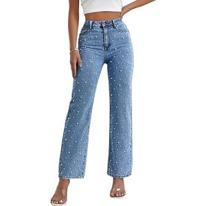AprPith Women's Skinny Jeans Chic Pearl Decorated Stretch Casual Embellished Fashion Statement Denim Pants Medium Blue 2 XL