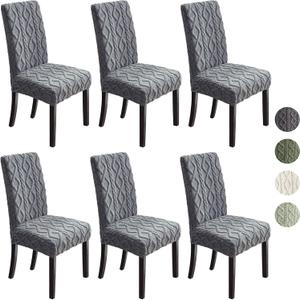 Moukeren 6 Pcs Stretch Chair Covers for Dining Room, Jacquard Soft Thick Solid Boho Faux Fur Fabric, Dustproof, Removable & Washable for Bedroom, Living Room, Kitchen, Hotel, Banquet (Light Grey)