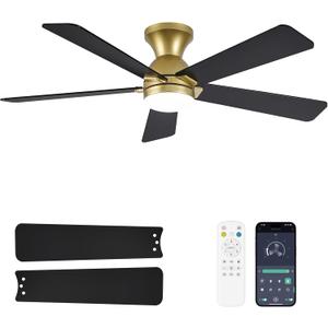 Dolavast Ceiling Fans with Lights and Remote, 48 Inch Gold Ceiling Fan with Light, Low Profile Reversible Fandelier Ceiling Fan, Dimmable LED, Flush Mount, Quiet DC Motor, for Bedroom Kitchen