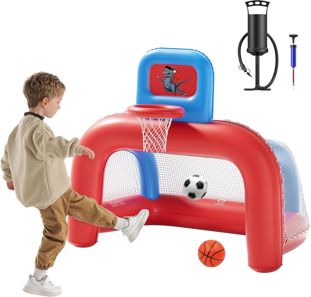 QPAU 2-in-1 Inflatable Toddler Basketball Hoop & Soccer Goal Set, Indoor Outdoor Sports Center Toys for Kids, Baby Toddlers Birthday Gift for 1 2 3 4 5 Year Old Boys Girls