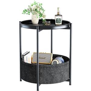 Garden 4 you Side Table with Fabric Storage Basket, Round Metal End Table, Small Bedside Table Nightstand with Removable Tray, for Nursery, Living Room, Bedroom, Bathroom, Black, 1 PC
