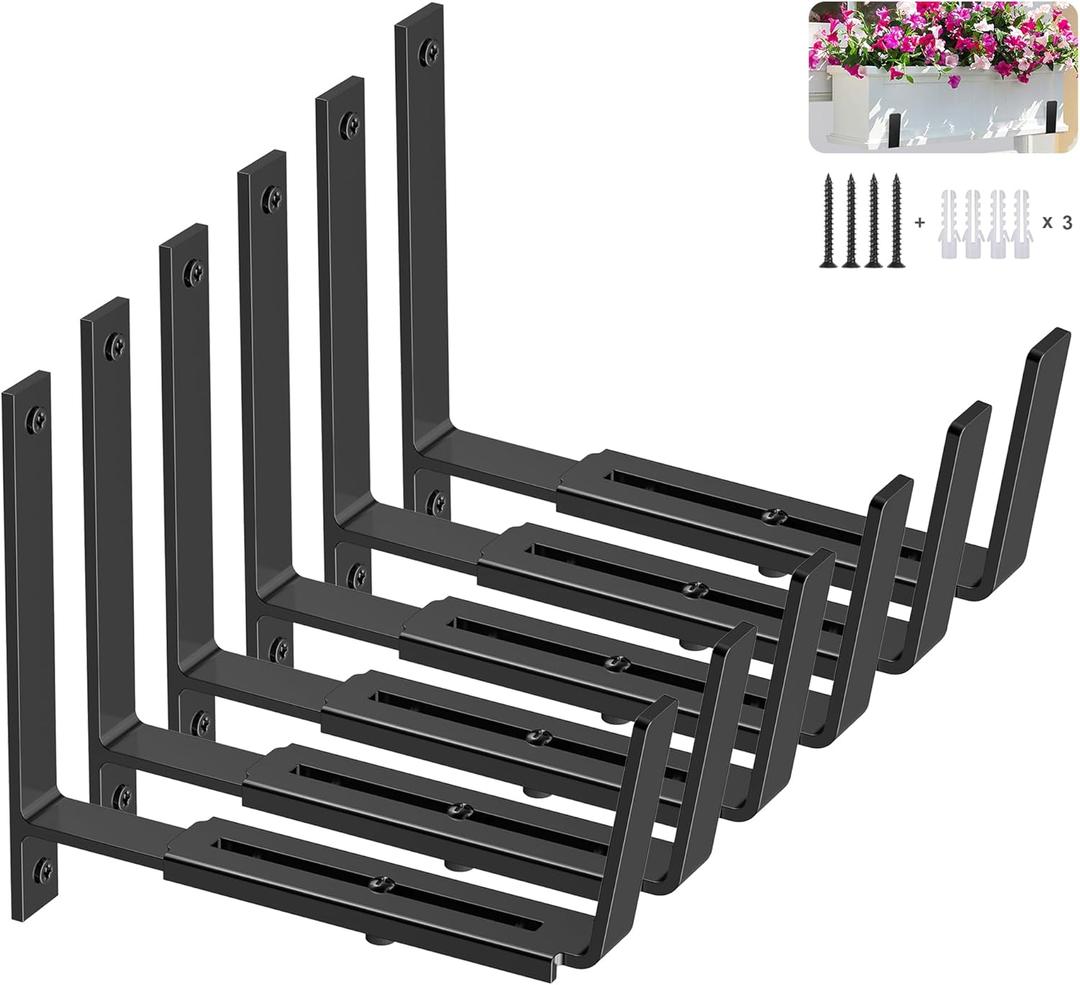 Y&M 6 Pack Adjustable Planter Box Brackets (6 to 12.5 in), Universal Window Box Brackets, Heavy Duty Iron Flower Box Wall Mounting Hooks for Balcony, Fences, Patio, and Garden - Black