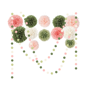 Wedding Party Decorations Set, 15 PCS Pink Sage Green Tissue Paper Pom Poms Dots Paper Garland String Hanging Decor for Bridal Shower Baby Shower Engagement Birthday Spring Summer Party