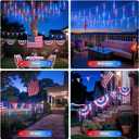 JMEXSUSS Red White and Blue Solar Lights, 8 Tube 144 LEDs Patriotic Solar Meteor Shower Lights Waterproof for Independence Day, Gardens, Tree, Outdoor 4th of July Decorations