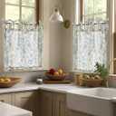 jinchan Floral Linen Tier Curtains 24 Inch Farmhouse Cafe Curtains Tie Top Botanic Drapes for Small Windows Over Sink for Kitchen Country Rustic Laundry Room Bathroom RV 2 Panels Blue on Beige