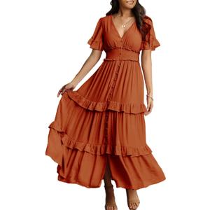 Amegoya Women's Summer Boho Tiered Maxi Dress V Neck Smocked High Waist Long Flowy Dress, Burnt Orange, M