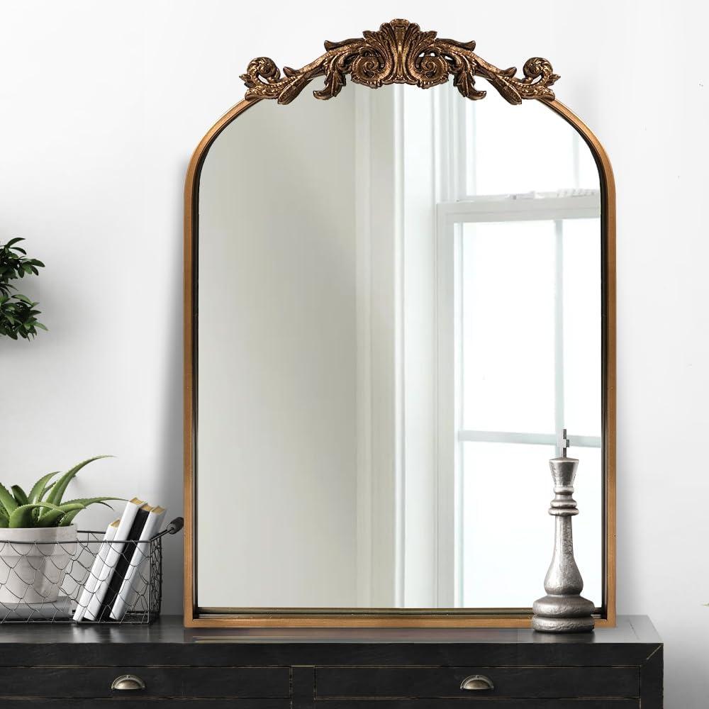 OUSHUAI Gold Traditional Vintage Ornate Baroque Mirror,Gold Brass Mirror for Wall,Victorian Antique Bronze Mirrors Arched for Bathroom/Living Room/Hallway/Fireplace 19"X27"