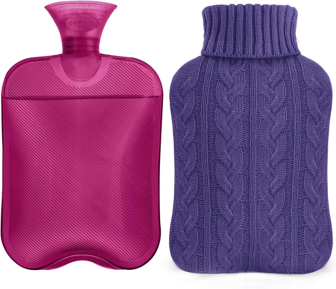 samply Hot Water Bottle with Knitted Cover, 2L Hot Water Bag for Hot and Cold Compress, Hand Feet Warmer, Ideal for Menstrual Cramps, Neck and Shoulder Pain Relief, Purple