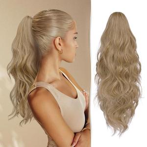 Ponytail Extension 18" Blonde & Ash Blonde Mixed Hair Extensions - Curly Wavy Long Synthetic Claw Clip on Pony Tail Hairpiece for Women