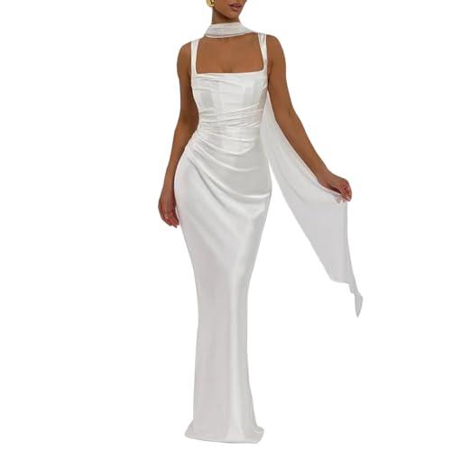 ABYOVRT Women Wedding Guest Dress Satin Corset Top Elegant Maxi Dresses with Sheer Scarf Evening Gown (White,XS