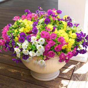 Artificial Faux Flowers Plants for Outdoor Outside Decoration, 12 Bundles Fake Silk Colorful Morning Glory UV Sun Resistant Look Real for Spring Summer Front Door Porch Patio Planter Yard Urn (Multi Color(3 Purple, 3 Fuchsia, 3 White, 3 Yellow))