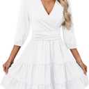 PerZeal Women's Wrap V Neck 3/4 Sleeve Wedding Guest Dress Elastic Waist Tiered Belted Ruffle Hem Mini Dress (X-Large)
