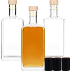 3Pack 16 oz Glass Bottles with Lid 500 ml Clear Empty Bottles with Cork Square Glass Bottle with Cap for Liquor Vodka Brandy Whiskey Beer Water Soda