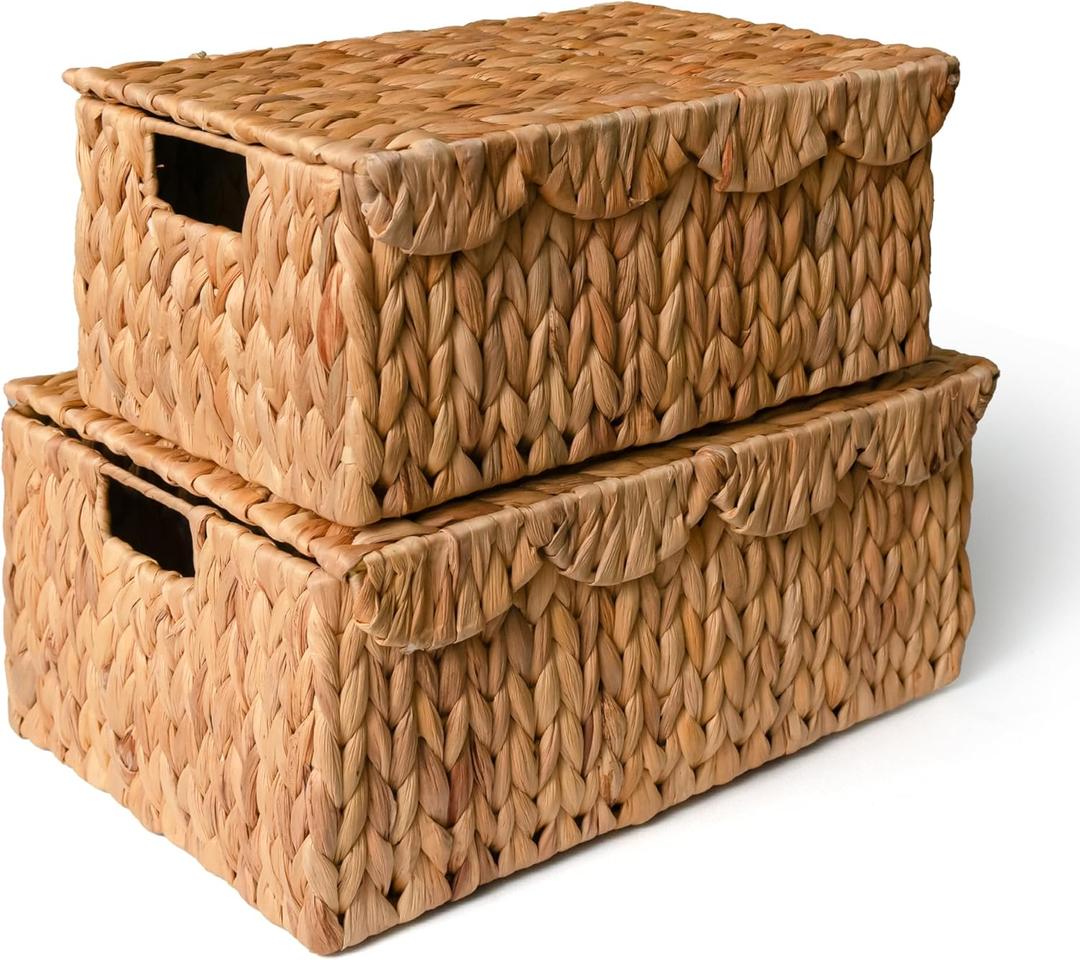 KOKODO Set of 2 Scalloped Wicker Baskets  Handwoven Rectangular Water Hyacinth Storage Baskets with Lid and Handles for Organizing, Living Room & Shelf Decor  Rattan Organizing Bins
