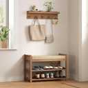 2-in-1 Shoe Rack Bench & Coat Rack Set, 28" Bamboo Storage Stool with Padded Seat, 24" Wall-Mounted Coat Stand with 5 Gold Hooks, Hallway Organizer for Home Entryway, Walnut Color
