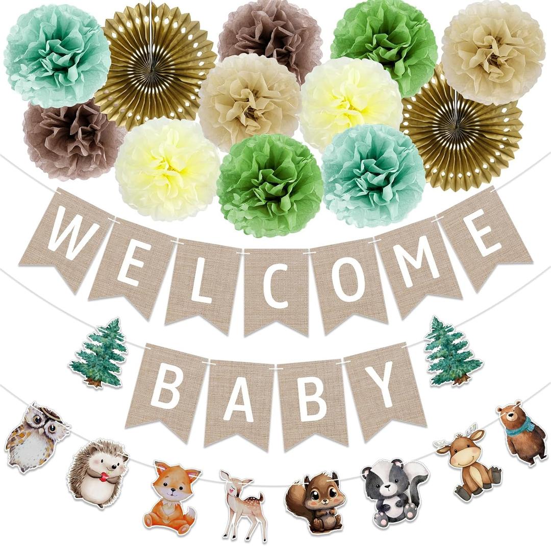 Woodland Baby Shower Decorations, 14Pcs Forest Animals Party Set with Welcome Baby Banners Paper Flowers Pom Poms for Boys Girls, Woodland Creatures Indoor & Outdoor Celebrations