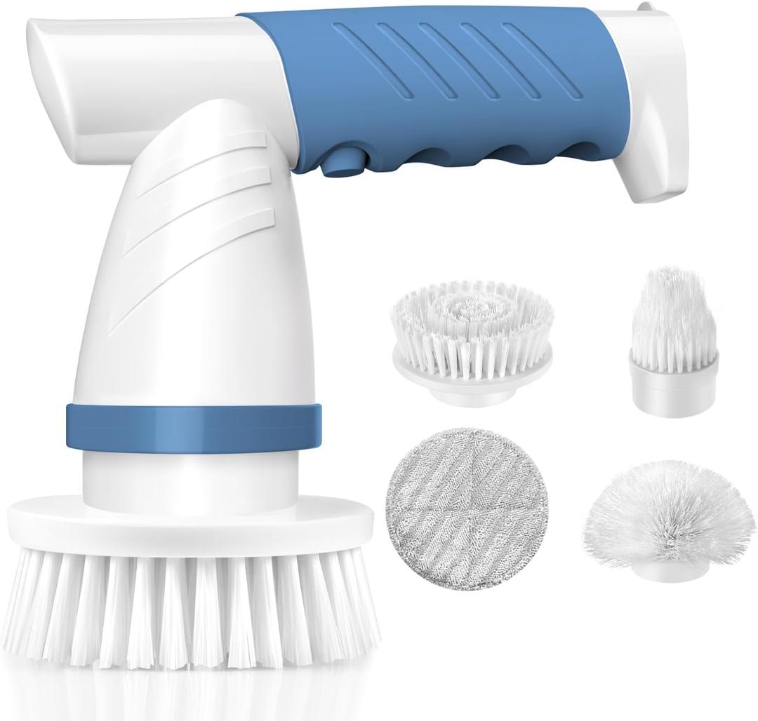 Electric Spin Scrubber, IEZFIX Electric Cleaning Brush Bathroom Shower Scrubbing Cleaner Brush Power Scrubber Cordless with 4 Replaceable Brush Heads for Bathtub, Tile, Floor, Toilet, Kitchen - Blue (03 Lichen Blue)