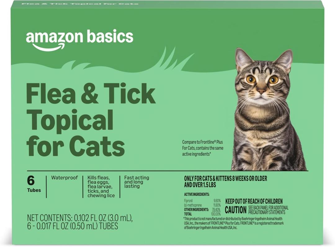 Amazon Basics Preventative Flea and Tick Topical Treatment for Cats (Over 1.5 lbs), Fast Acting and Long Lasting, 6 Count