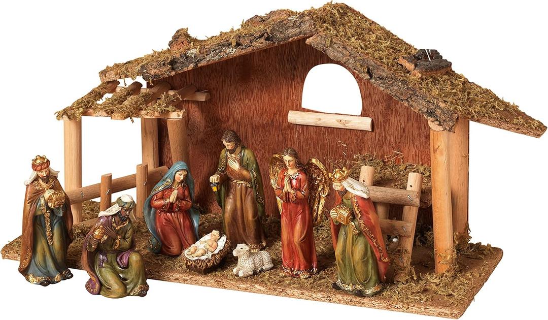 15.25-Inch Long Moss Stable with Set of 9 Resin Figurines Nativity Scene