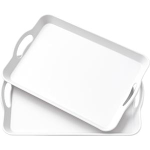Set of 2 Large White Melamine Serving Tray with Handles, Rectangular Outdoor Dinner Tray Plastic Fruit Serving Platters Trays for Eating, Appetizer, Charcuterie, Snack, Fruit, Desserts, Food Parties