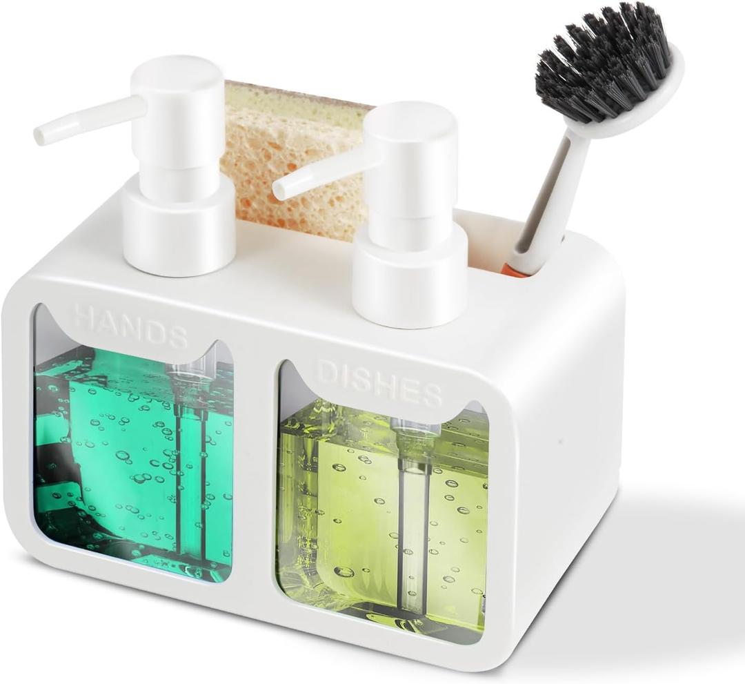 Kitchen Soap Dispenser Set, with Hand and Dish Soap, Sponge Caddy and Brush Holder 4-in-1 Kitchen Dual Soap Dispenser Set for Kitchen Sink, Bathroom - White