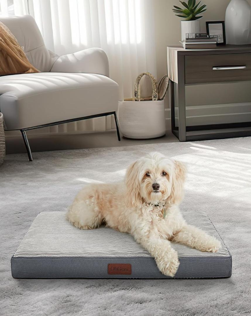 OhGeni 30 Inch Orthopedic Waterproof & Machine Washable Dog Bed for Small Medium Pets, 20D Egg Crate Foam Stable Support, Non-Slip Bottom and Removable Cover, Tear-Resistant Invisible Zipper(Gray) (30.0"L x 20.0"W x 3.0"Th)