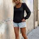 Womens Puff Long Sleeve Tops Square Neck Ribbed Knit Slim Fit Blouse Basic Tee Tops Elegant T Shirts (L)