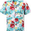 Cromoncent Hawaiian Shirt for Boy&Men Short Sleeve Cuban Collar Tropical Holiday Summer Beach Shirts (7-8 Years, Flower Teal)