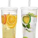 GOSCHE Glass Cups with Lids and Straws, 20oz Glass Cups Drinking Jar, Clear Iced Coffee Cups, Vintage Ripple Glass Tumbler for Water Coffee Tea, Clear, 2Pcs