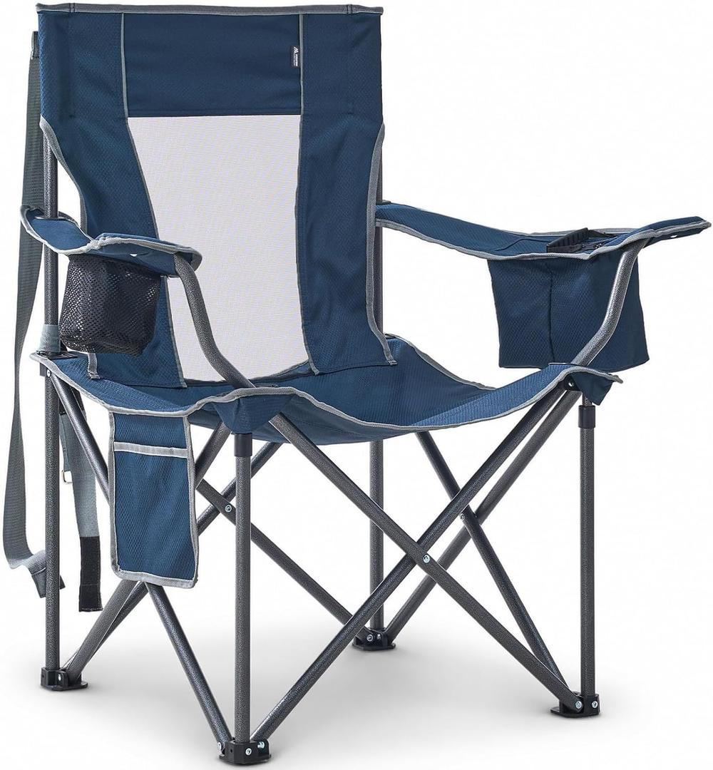 Oversized Camping Chairs Heavy Duty Outdoor Chair Support 400 Lbs, Blue | Folding Lawn Chairs with Cup Holders, Side Pocket & Cooler Bag, Portable Camp Chair for Outside, Tailgating, Sports, Single Pack