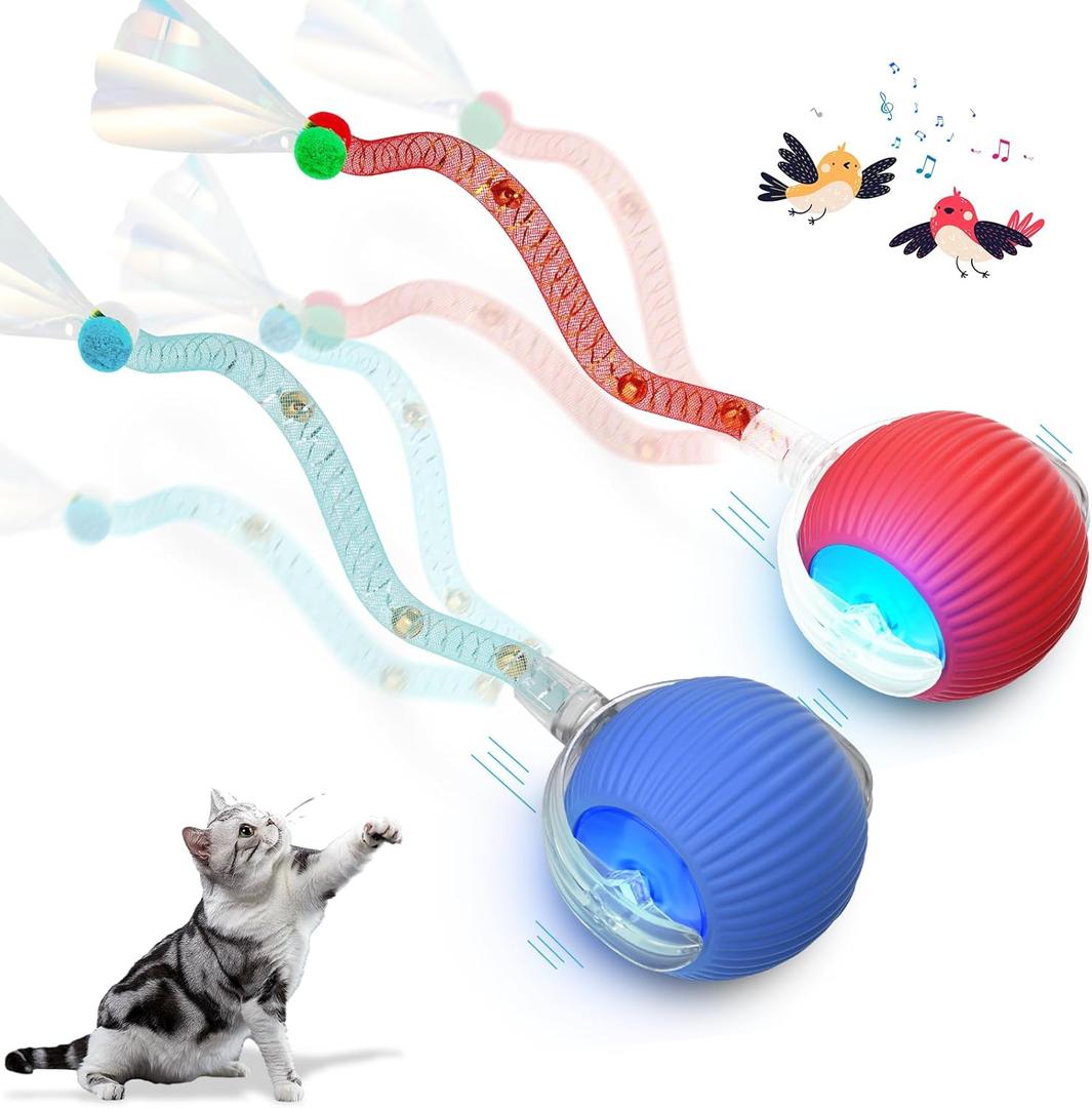 LORDTEC 2Packs Interactive Cat Toys for Indoor Cats, Interactive Cat Ball Toy with Elastic Mesh Tail, Automatic Cat/Kitten Toys with Chirping & Motion Activate, Cat Toys for Bored Indoor (Red+Blue)