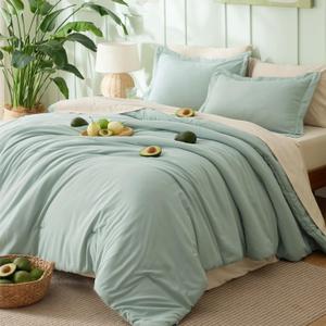 Bedsure Full Size Comforter Set - 7 Pieces Sage Green Full Bedding Set for All Seasons, Boho Contrasting Design Bed in a Bag with Comforter, Sheets, Pillowcases & Shams