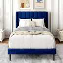 Gruwans Twin Size Bed Frame with Upholstered Wingback Headboard, Easy Assemnly Platform Bed, Wooden Slat Support No Box Spring Needed, Navy Blue
