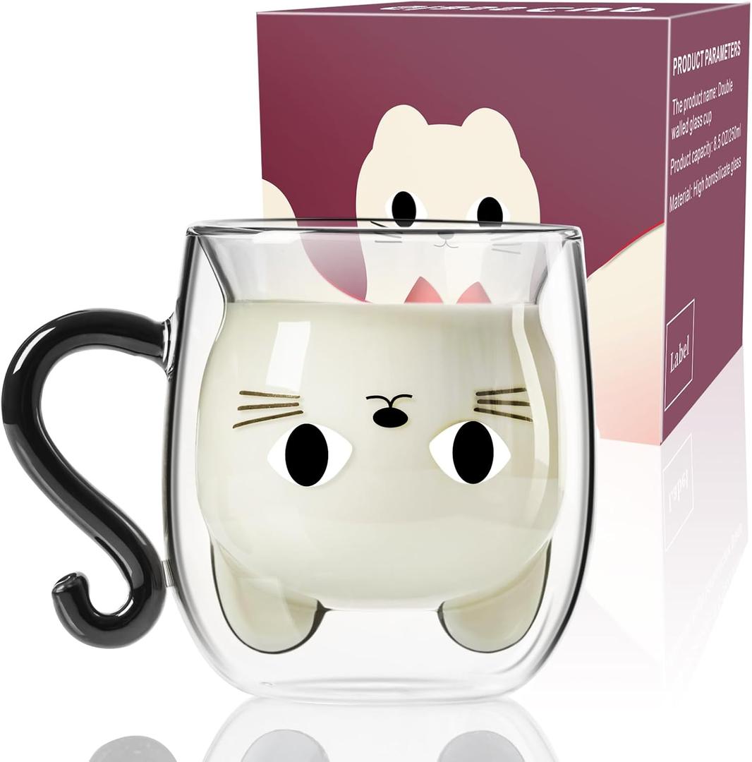 PARACITY Cute Cat Mug, Double Wall Glass Cute Cup with Handle 8.5 OZ, Cat Lover Gifts for Women, Christmas & Easter Gifts