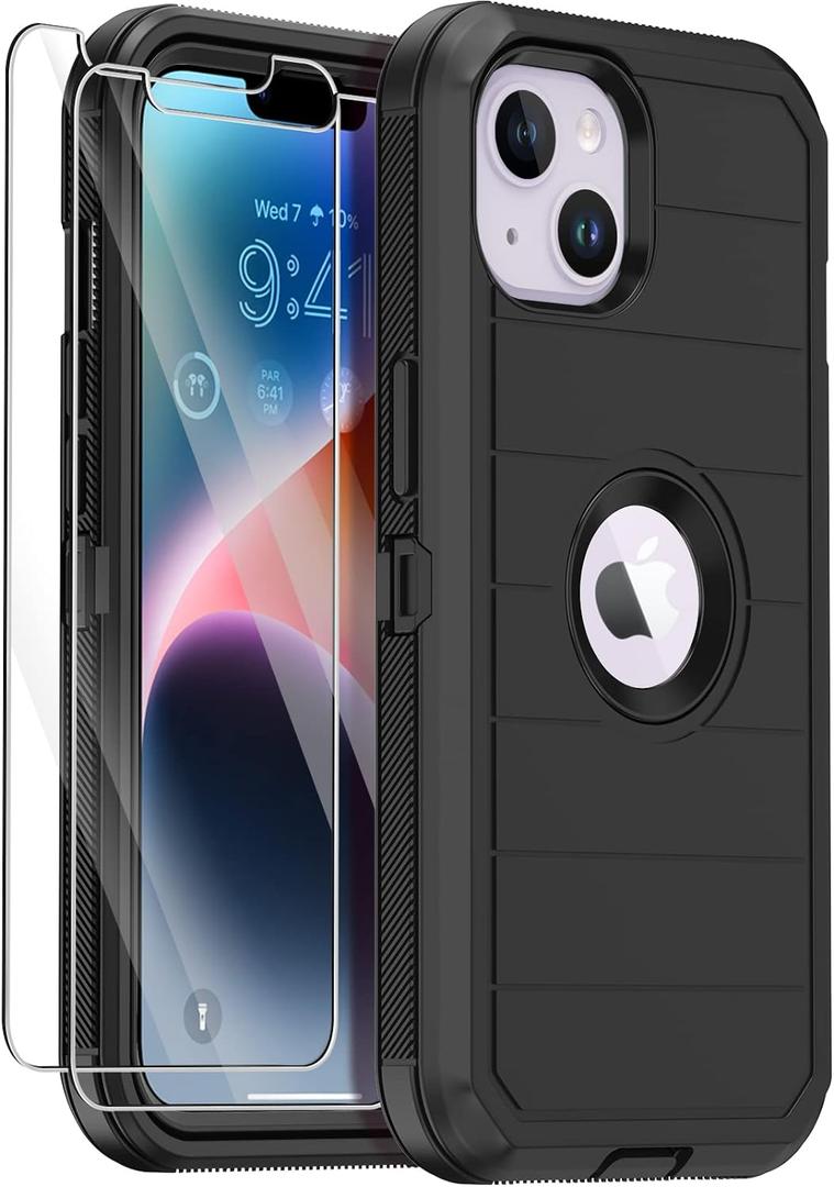 Annymall for iPhone 14 Plus Case with 2 Screen Protector, Heavy Duty Drop Protection Shockproof Rugged 3-Layer Military Tough Durable Protective Cover for Apple iPhone 14 Plus 6.7" (Black II)