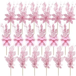 18 Pack 3 Styles 17 Inch Christmas Glitter Poinsettia Berry Stems Ornaments Artificial Floral Branches Picks for Christmas Tree Home Vase Holiday Party Decor(Pink)