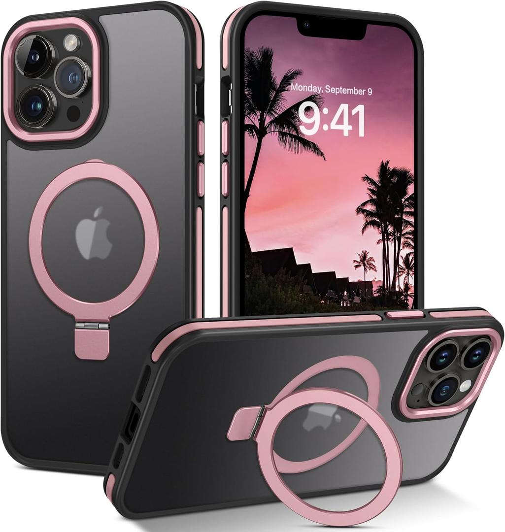DUEDUE for iPhone 14 Pro Max Case Magnetic with Ring Holder[Compatible with Magsafe], Translucent Matte Back Cover Slim Shockproof Kickstand Phone Case for iPhone 14 Pro Max 6.7", Black/Pink