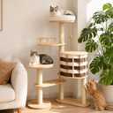 48 Inch Solid Wood Cat Tree, Modern Cat Tower for Indoor Cats, Chessboard Style Cat Condo with Guardrail Perch, Sisal Scratching Posts, Washable Cushion, Hanging Balls, Natural