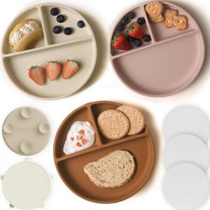 Moonkie Suction Plates for Baby | 100% Silicone BPA-Free Baby Plates with Lids and Food Cover | Divided Design | Microwave and Dishwasher Safe | Toddler Plates 3 Pack