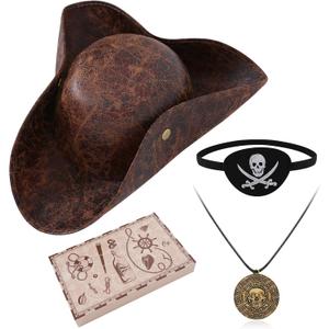 Renaissance Pirate Hat Costome Decoration Halloween Exchange For Male Female Tricorn Hat With Eye Patch & Necklaces (Brown)