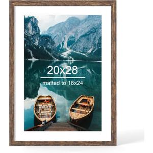 20x28 Picture Frame, Rustic Brown Wood Style - Display Posters 16 x 24 with Mat or 20x28 without Mat, Wall Mounting Horizontal and Vertical, 1 Pack