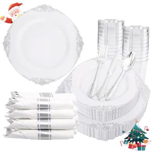 Liacere 350PCS Silver Plastic Plates & Pre Rolled Napkins for 50 Guests - Plastic Dinnerware Sets 100 Silver Disposable Plates, 150 Silver Silverware, 50 Cups and 50 Napkins for Christmas
