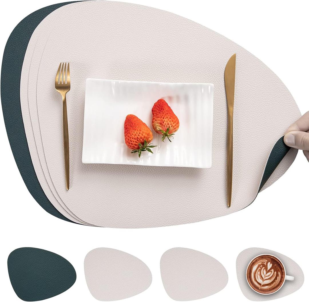 Myir JUN Placemats, Dual-Sided Placemats Waterproof Faux Leather Placemats Set of 4 Place Mats and Coasters Non-Slip Washable Table Mats for Dining Table (Beige Green, Set of 4)